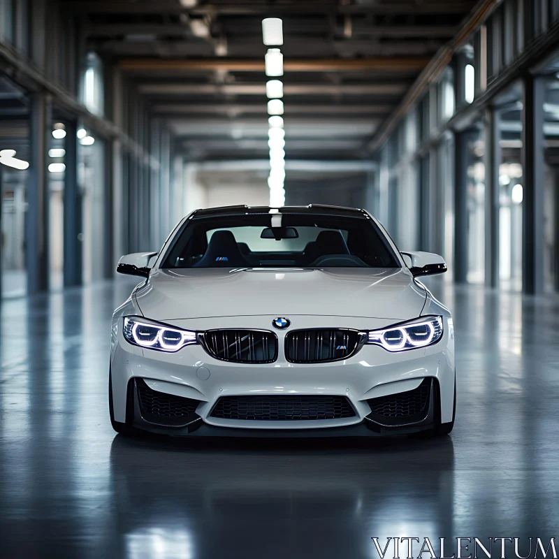 Sleek White Car with Illuminated Headlights AI Image