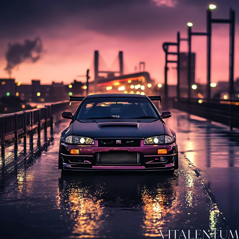 Nighttime City Car Scene on a Wet Bridge AI Image