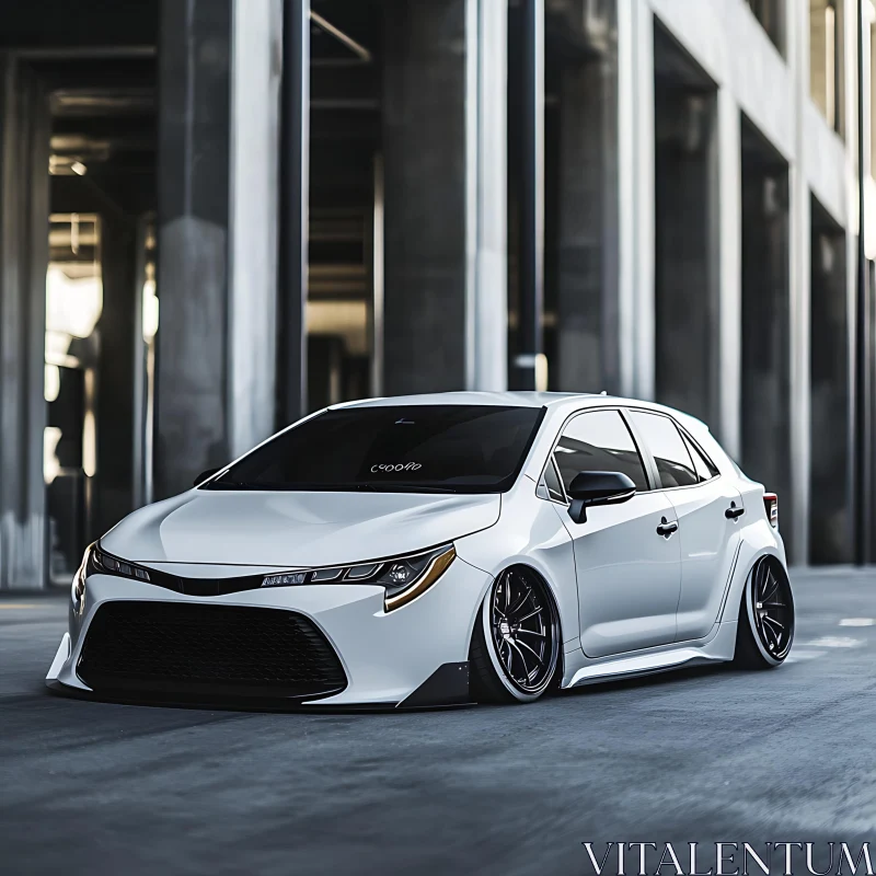 Sleek White Car with Black Rims in Cityscape AI Image