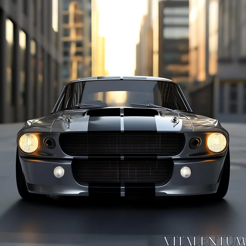 Front-View of a Classic Muscle Car amidst a Cityscape AI Image