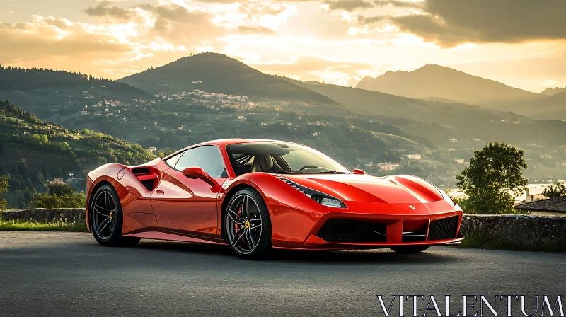 Luxury Red Sports Car at Sunset AI Image