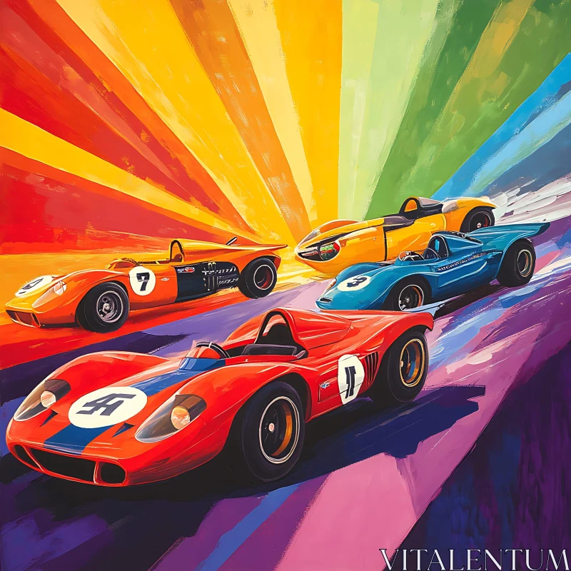 Dynamic Vintage Racing Cars on Colorful Canvas AI Image