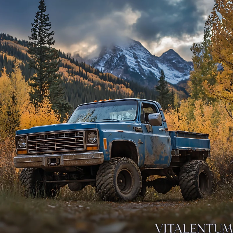 Classic Off-Road Truck in Autumn Mountain Setting AI Image