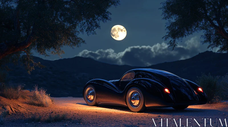 Classic Black Car in Moonlit Mountains AI Image