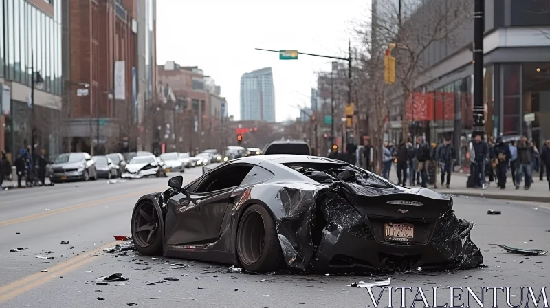 Urban Car Accident Scene with Black Sports Car AI Image