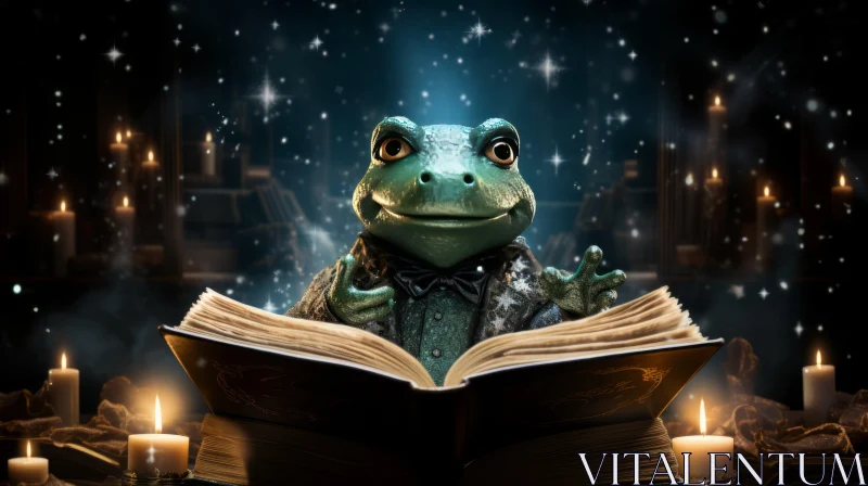 Frog Reading Book in Candlelight - Dreamlike Visionary Art AI Image