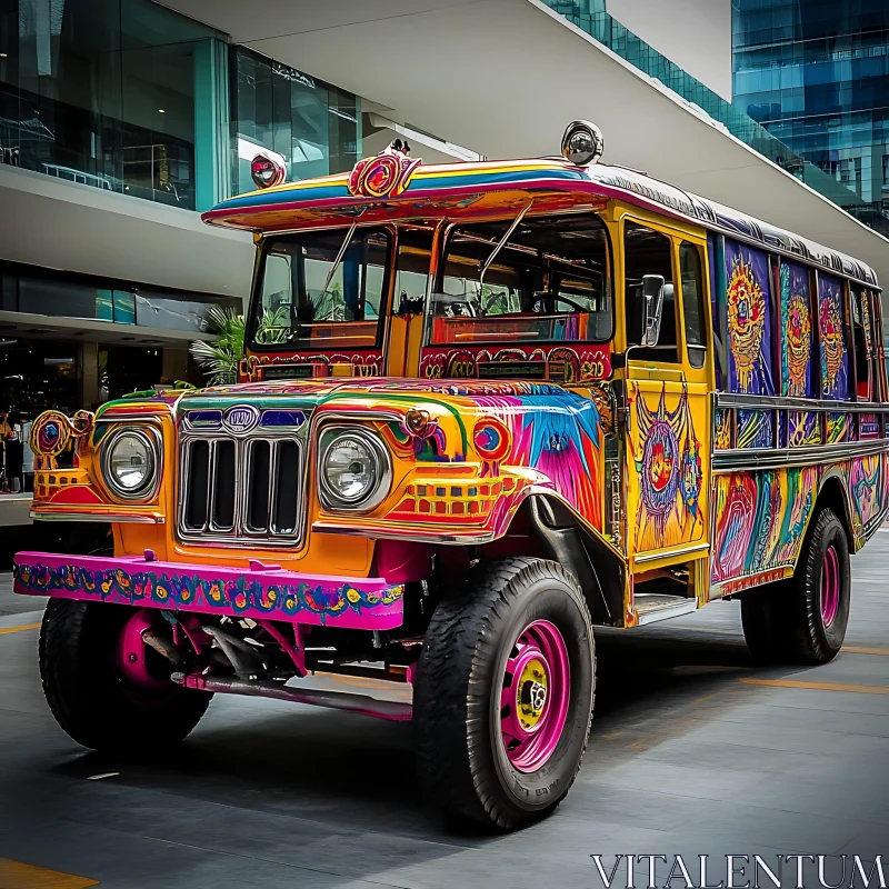 Vibrant Urban Jeepney with Floral Patterns AI Image