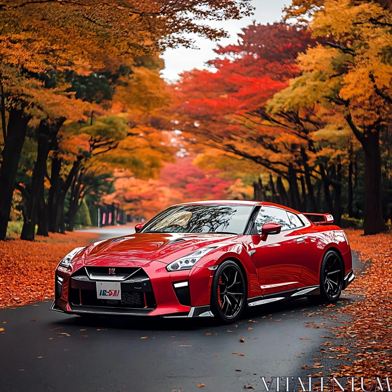 Autumn Forest with Red Sports Car AI Image