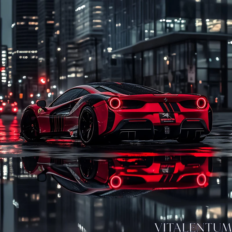 Red Supercar with Reflections in Night City AI Image