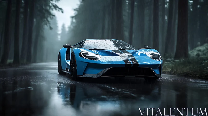 Blue Sports Car in Rain AI Image