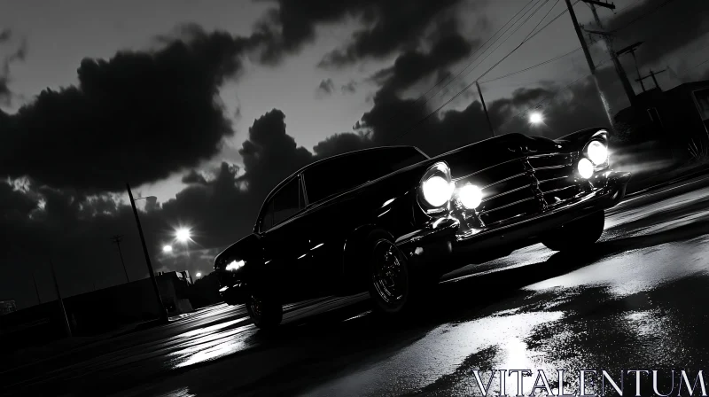 Retro Car Night Scene in Monochrome AI Image