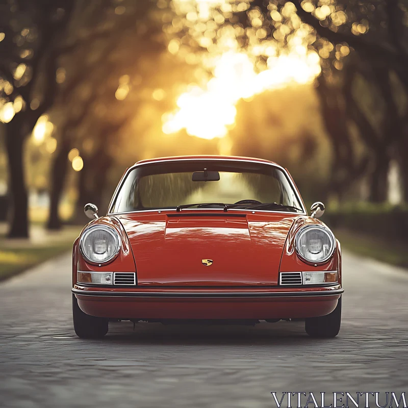 Vintage Red Car on Paved Road at Dusk AI Image