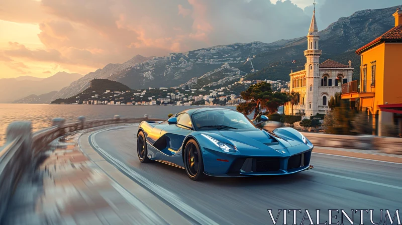 Luxury Blue Car on Scenic Sunset Drive AI Image