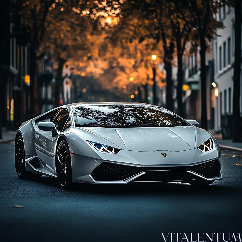 Silver Sports Car in an Autumn-Lit Urban Setting AI Image