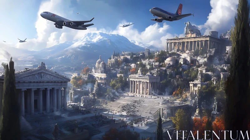 Airplanes Over an Ancient Majestic City AI Image