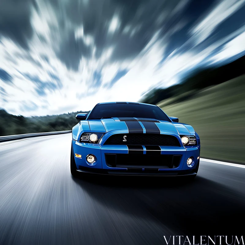 Fast Blue Muscle Car with Black Stripes AI Image