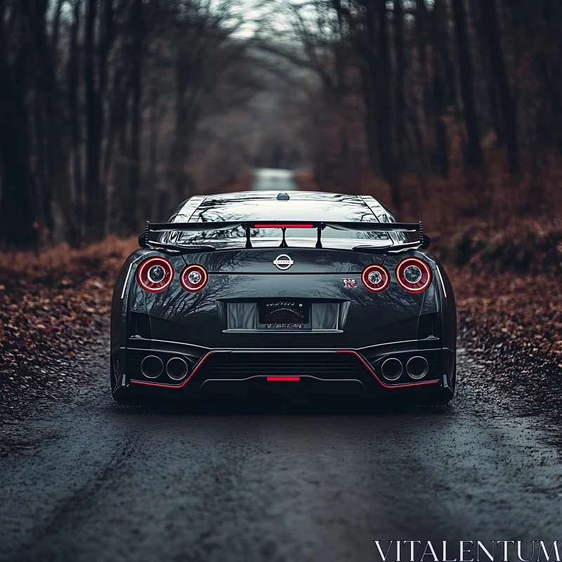 Sleek Black Car on Wet Forest Road AI Image