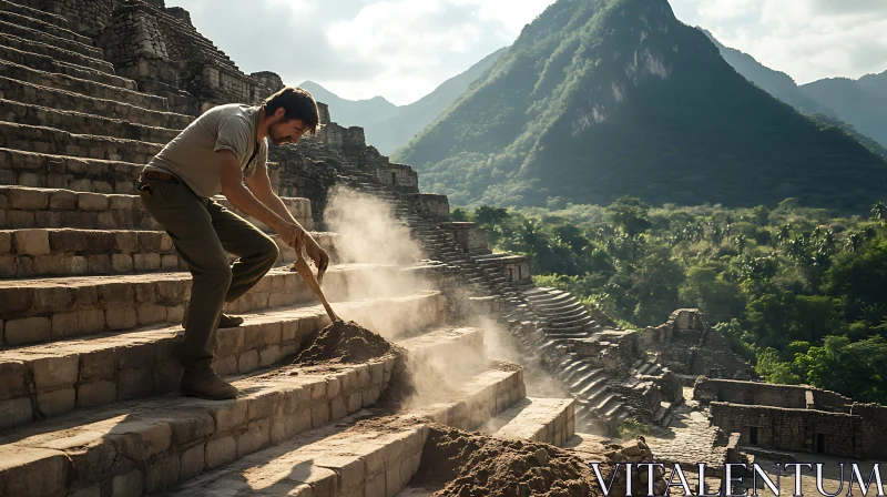 Exploring Ancient Ruins on a Majestic Pyramid AI Image