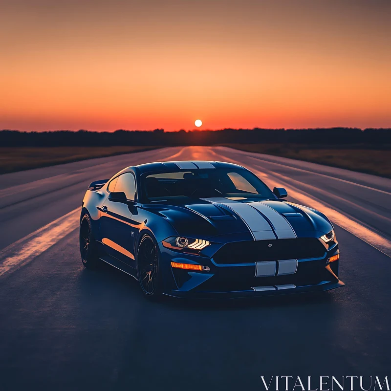 Blue Car with White Stripes at Sunset AI Image