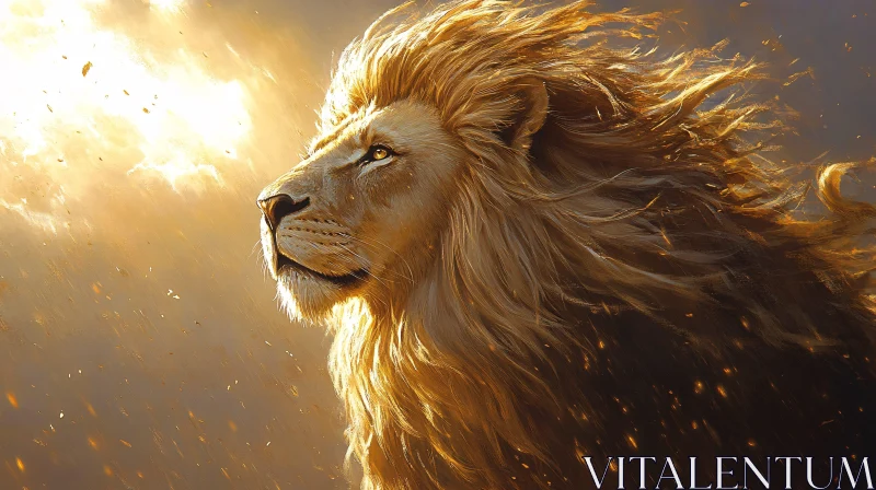 Lion Gazing Under Golden Sky AI Image