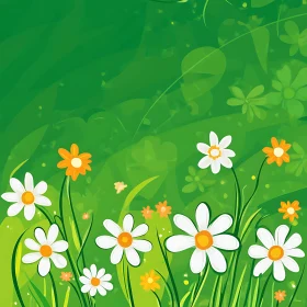 White Daisies and Yellow Flowers in a Green Field Illustration