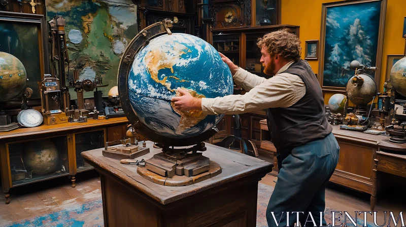 Man in Vintage Study Room Adjusting Huge Globe AI Image