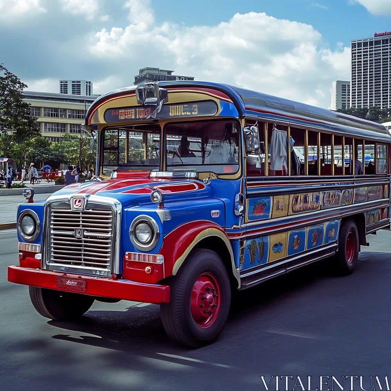 Colorful Vintage Bus in Urban Setting AI Image