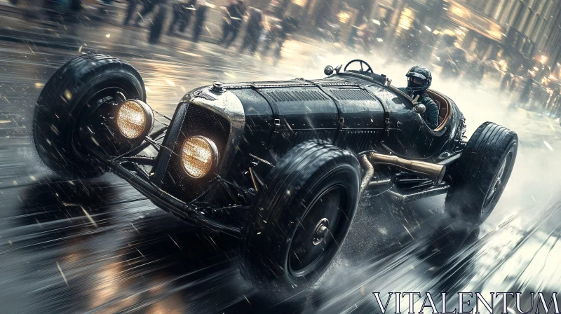 High-Speed Vintage Car Racing in the Rain AI Image