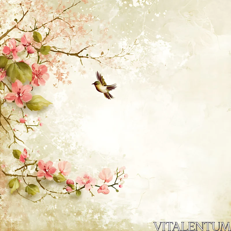 Springtime Bird and Cherry Blossoms on Branch AI Image