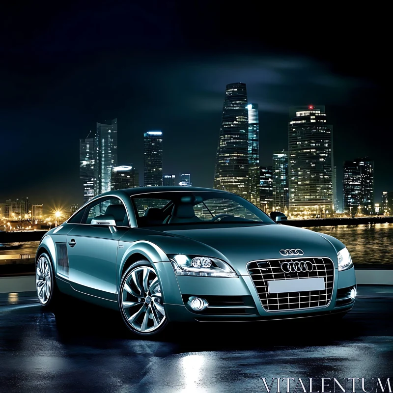 Luxury Car with Urban Nightscape Background AI Image