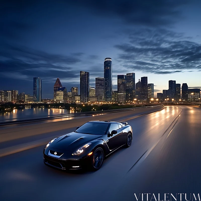 Modern Cityscape with Sports Car at Night AI Image