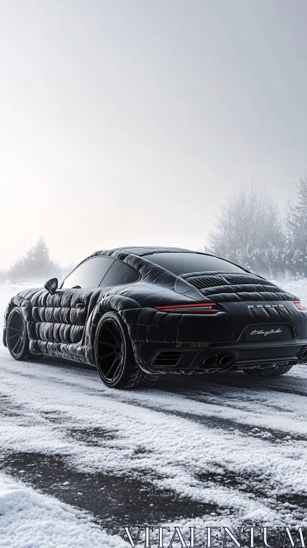 Quilted Black Car in Winter Landscape AI Image