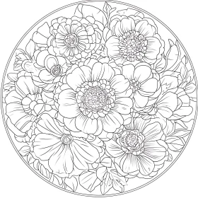 Detailed Floral Line Art in Circular Frame