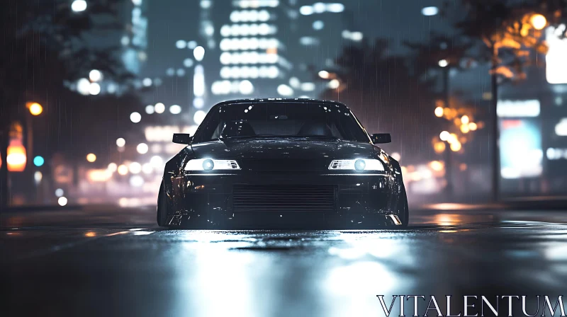 Rain-soaked Car in City Lights AI Image