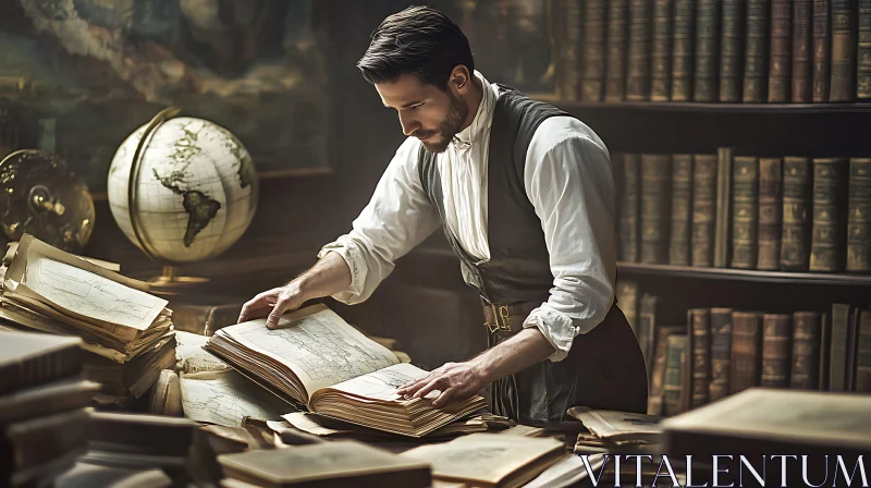 Man in Historical Setting Reviewing Maps in Library AI Image