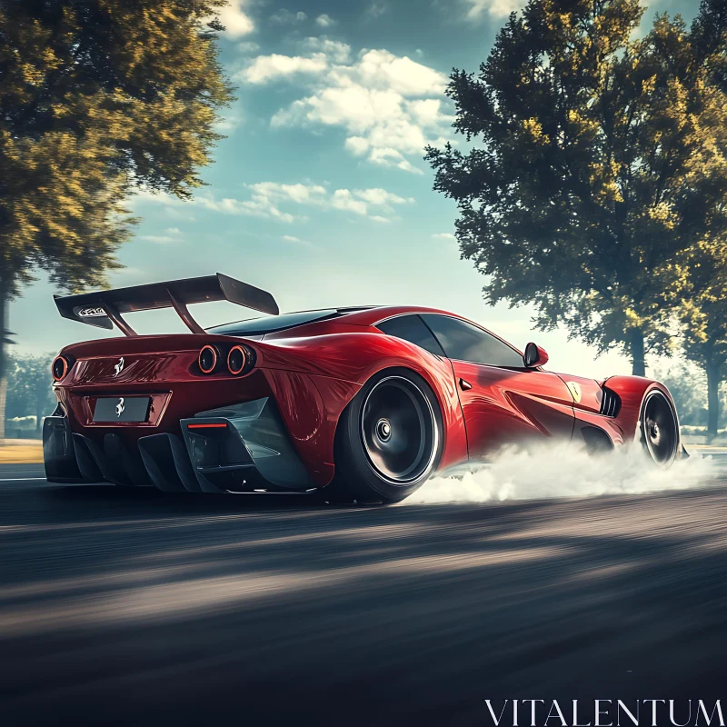 Red Supercar in Motion on Tree-Lined Road AI Image