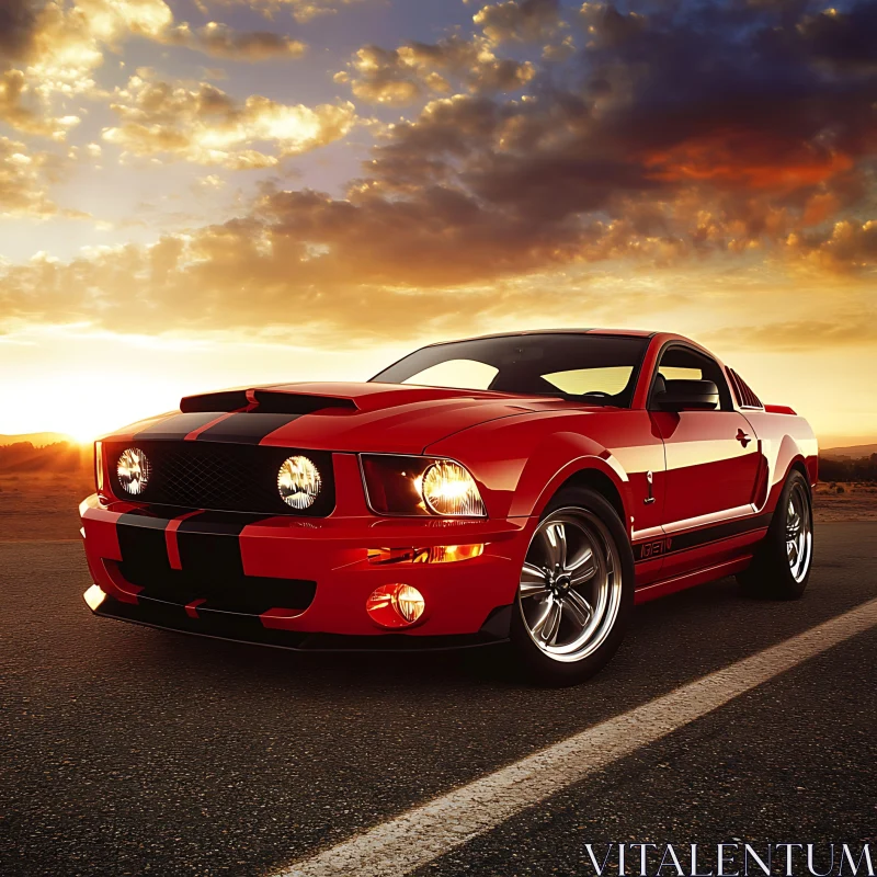 Sleek Red Mustang at Sunset AI Image