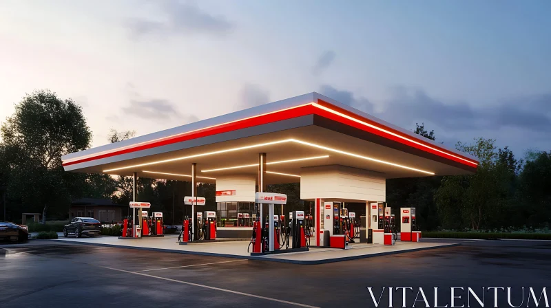 Contemporary Gas Station with Evening Lighting AI Image