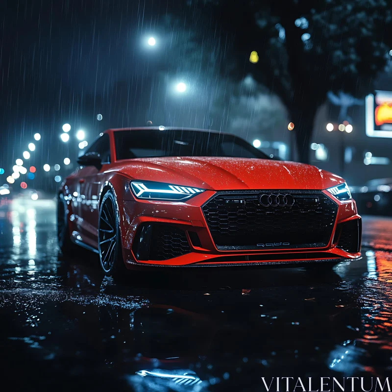 Sleek Red Car in Night Rain AI Image