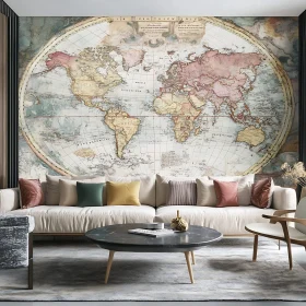 Elegant Living Room Featuring Vintage World Map