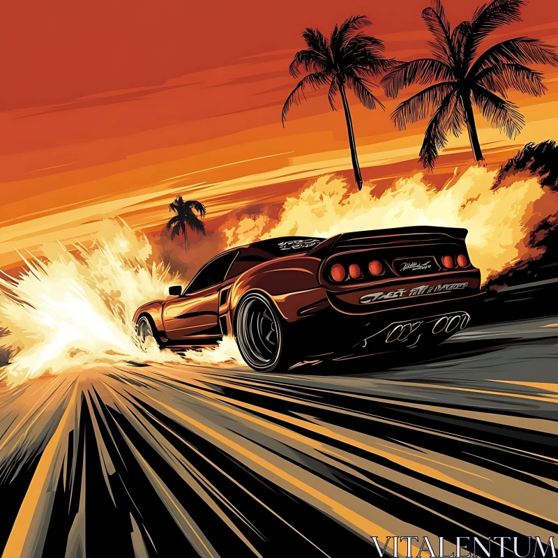 Speeding Sports Car under Orange Sunset AI Image