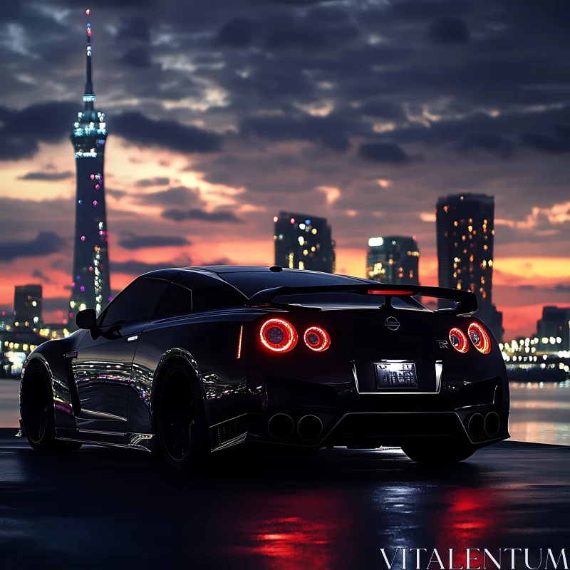 Black Sports Car and Urban Sunset Skyline AI Image