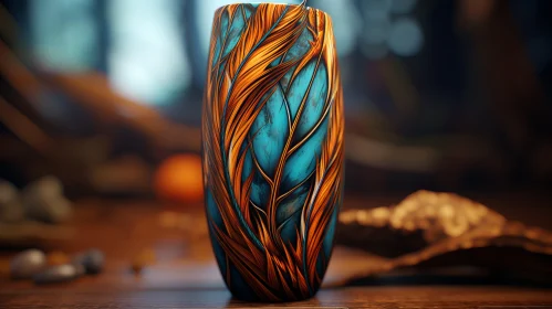 Artistic Vase Rendered in Azure and Amber with Feather Detailing