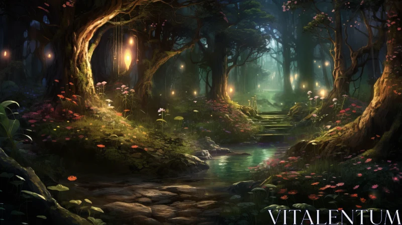 Enchanting Fantasy Forest with Contrasting Lights AI Image