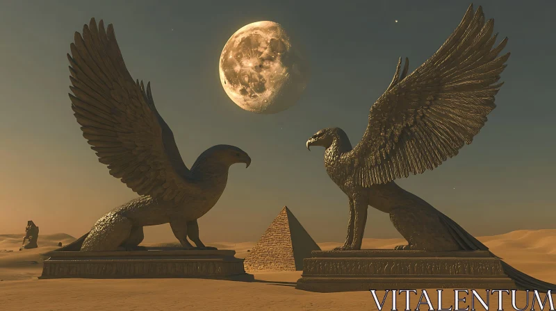 Ancient Desert Statues and Moonlit Pyramid AI Image