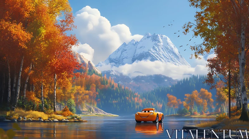 Autumn Serenity with Cartoon Car and Snowy Peaks AI Image