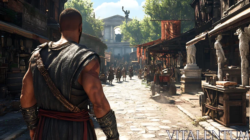 Roman Warrior in Bustling Market Street AI Image