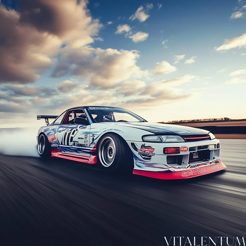 Race Car Performing Drift at Sunset AI Image