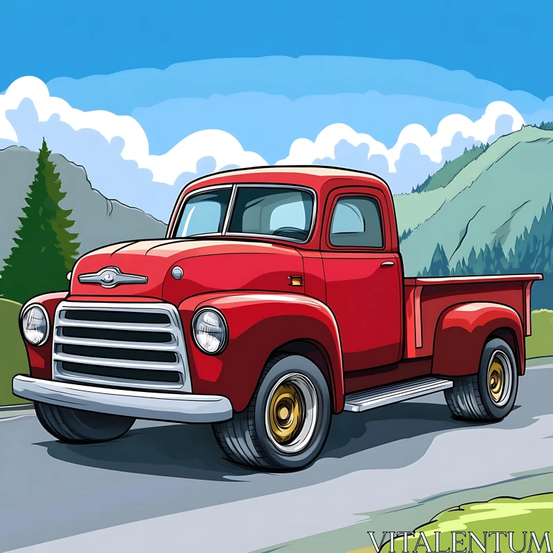 Vintage Red Pickup Truck in Cartoon Style AI Image