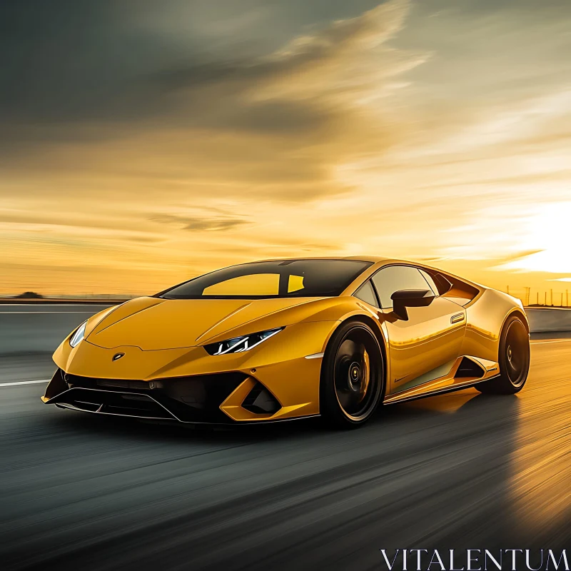 Yellow Sports Car In Motion During Sunset AI Image